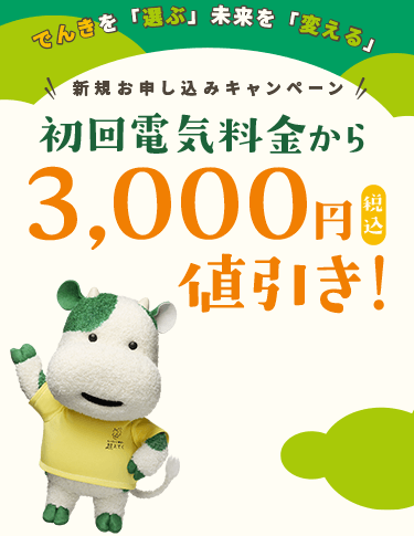 でんきを「選ぶ」未来を「変える」 新規お申し込みキャンペーン 初回電気料金から3,000円(税込)値引き!